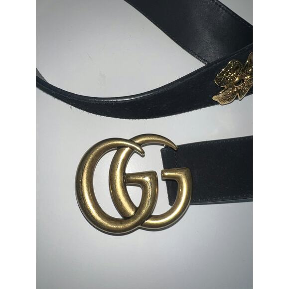 Gucci Black Leather GG Marmont Belt with Antique Brass Buckle - Picture 1 of 5